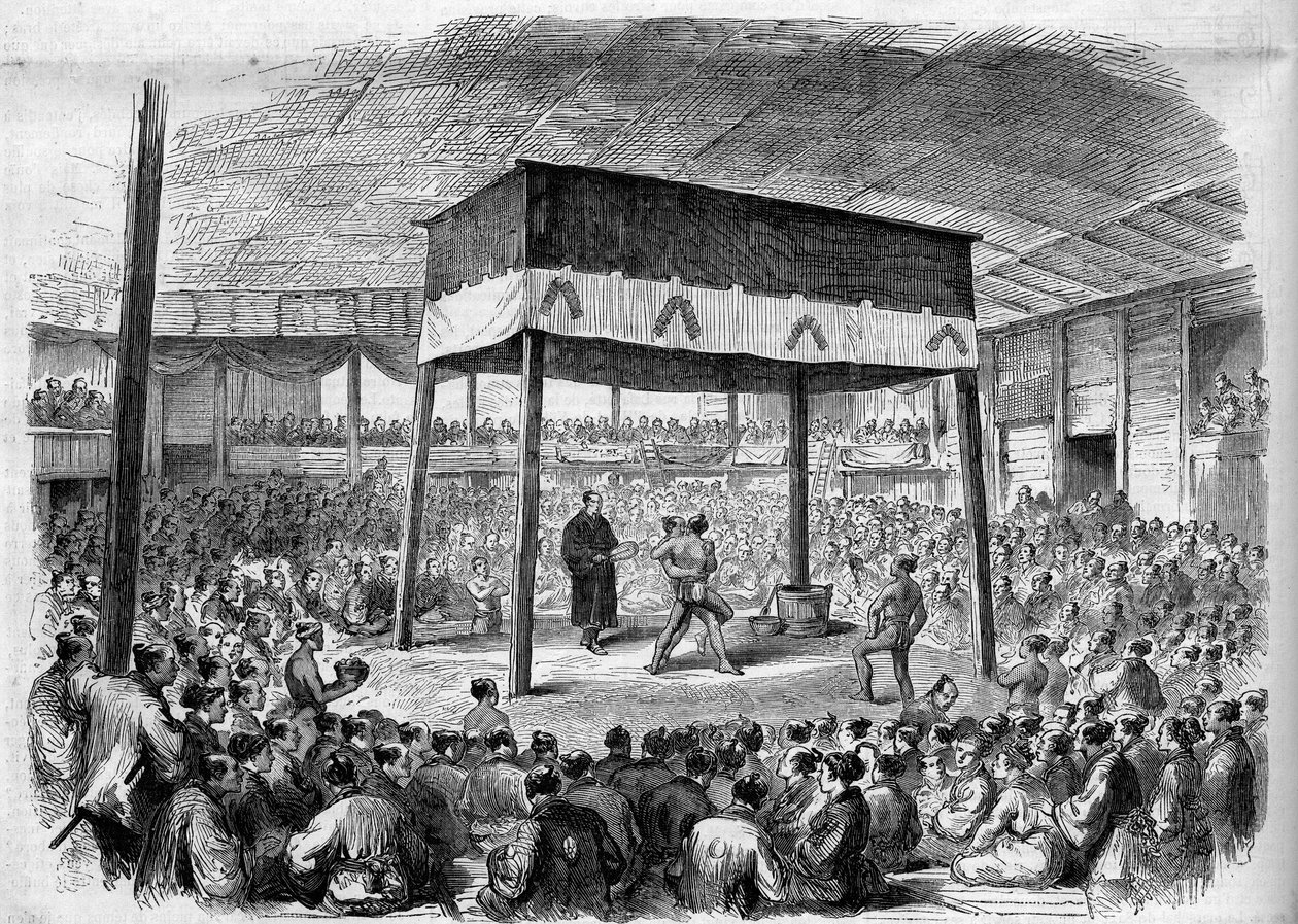 Japanse worstelaar vecht Sumo in Osaka, Japan. Naar een tekening van C. Wirgman. Gravure in 