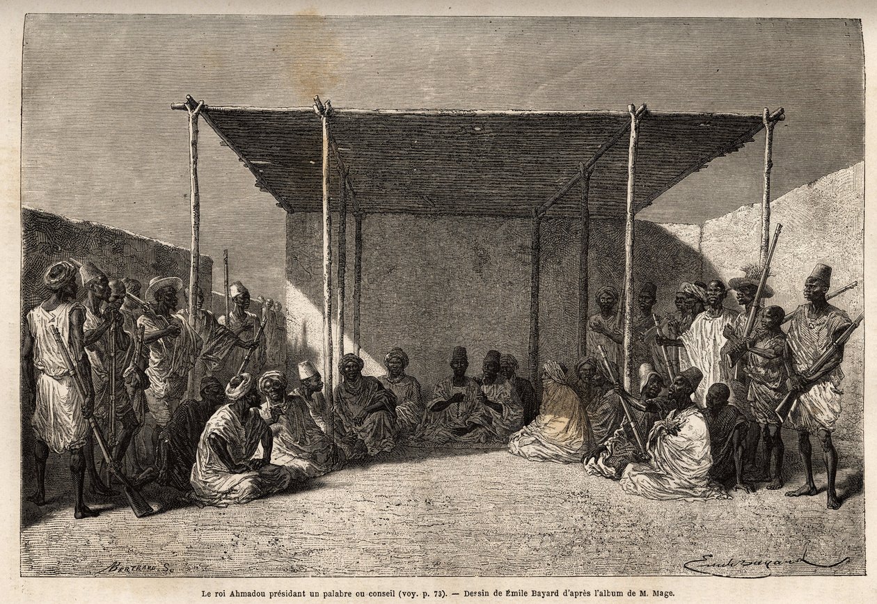 Koning Ahmadou die een raad of palabre van het Toucouleur-rijk voorzit in Segou Sikoro (Mali), de wijzen zitten en de krijgers staan, de koning houdt een moslimrozenkrans in zijn handen. Gravure ter illustratie van de reis naar West-Soedan van luitenant (m door Unknown artist