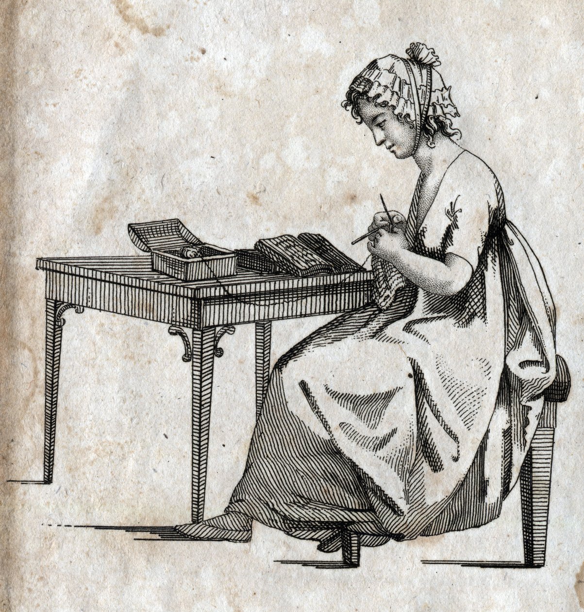 Breimachine: vrouw bezig met het breien van wol. Gravure eind 18e eeuw. Privécollectie. door Unknown artist