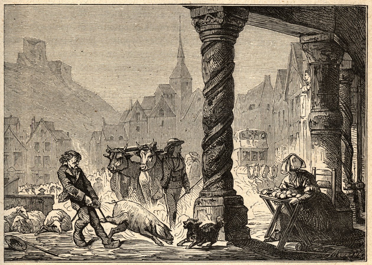 De grote straat op een marktdag in Dol de Bretagne - gravure in 