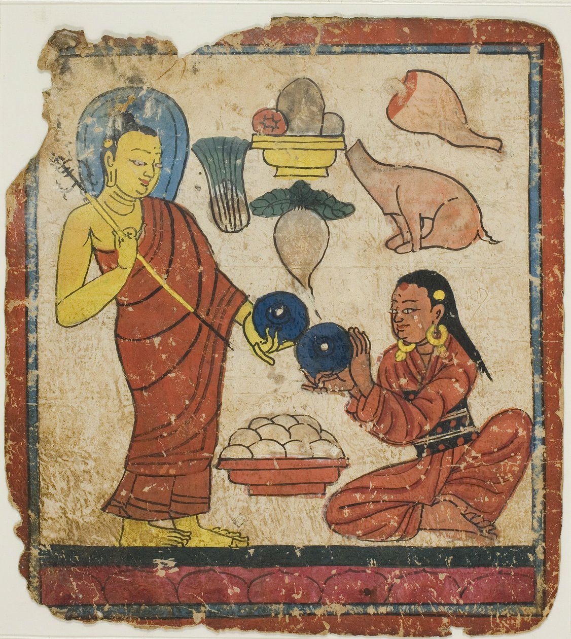 Dame die voedsel aanbiedt aan een monnik, uit een set inwijdingskaarten (Tsakali) door Unknown artist