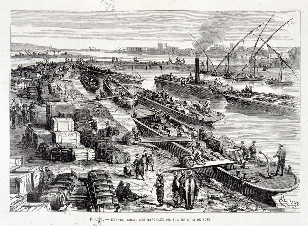 Lossen van goederen op een dok in het Suezkanaal door Unknown artist
