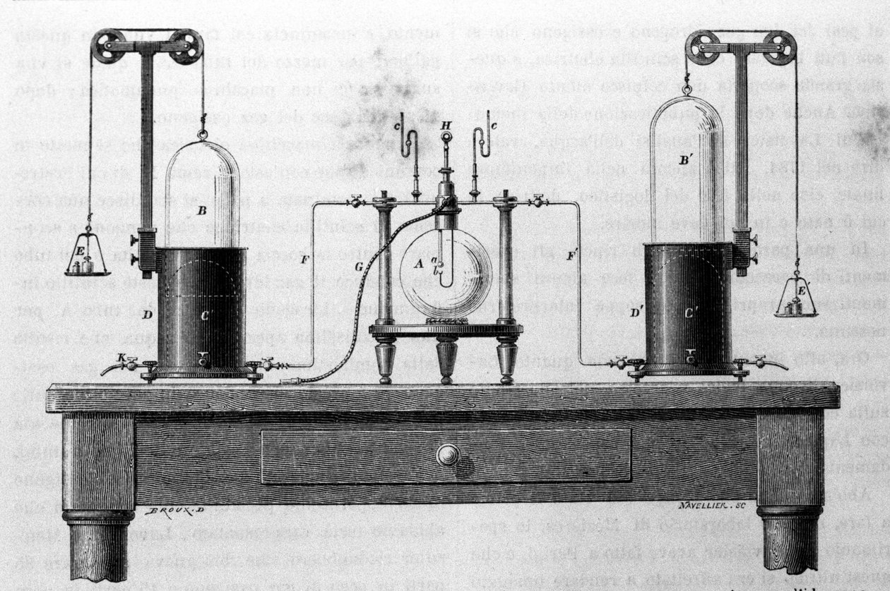 Lavoisier en Laplace-apparaat voor de vorming van water door middel van zuurstof- en waterstofgassen die branden in een glazen fles (19e-eeuwse gravure) door Unknown artist