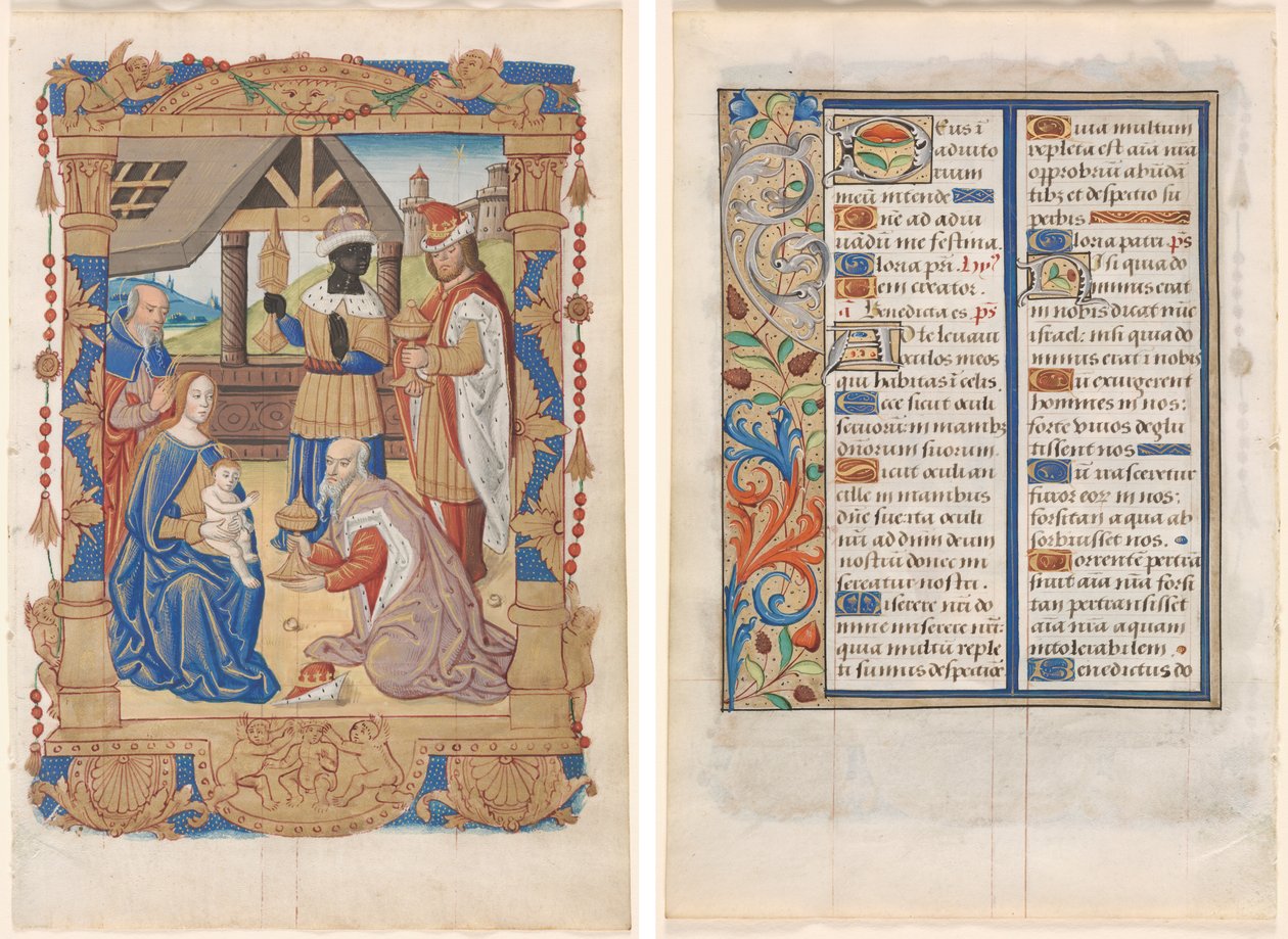 Blad uit een Getijdenboek: Aanbidding der Wijzen (recto) en tekst met geïllustreerde rand (verso) (3 van 3 uitgesneden bladen) door Unknown artist