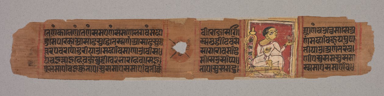 Blad uit een Jain Manuscript: Kalpa-sutra: Monnik met een Bloem (recto); Blad uit een Jain Manuscript: Kalpa-sutra: tekst die de afdaling van Mahavira in de baarmoeder van de Brahmaanse vrouw Devananda beschrijft (verso) door Unknown artist