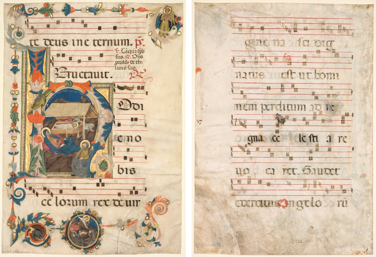 Blad uit een Antifonarium met Geïllustreerde Initiaal (H) met De Geboorte (recto) en Muziek (verso) door Unknown artist