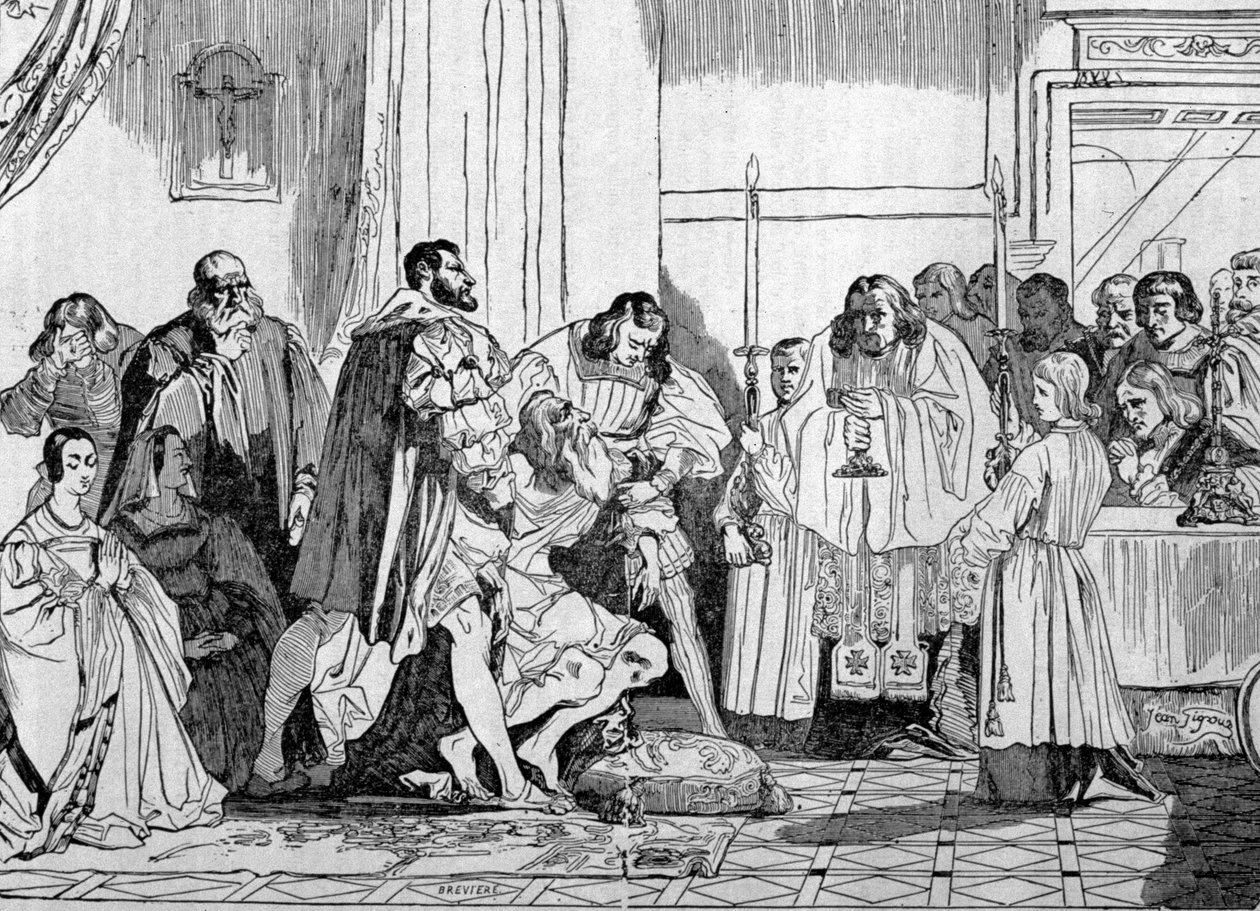 Leonardo da Vinci sterft in de armen van François I (1494 - 1547) in 1519 in Clos Luce. gravure. door Unknown artist
