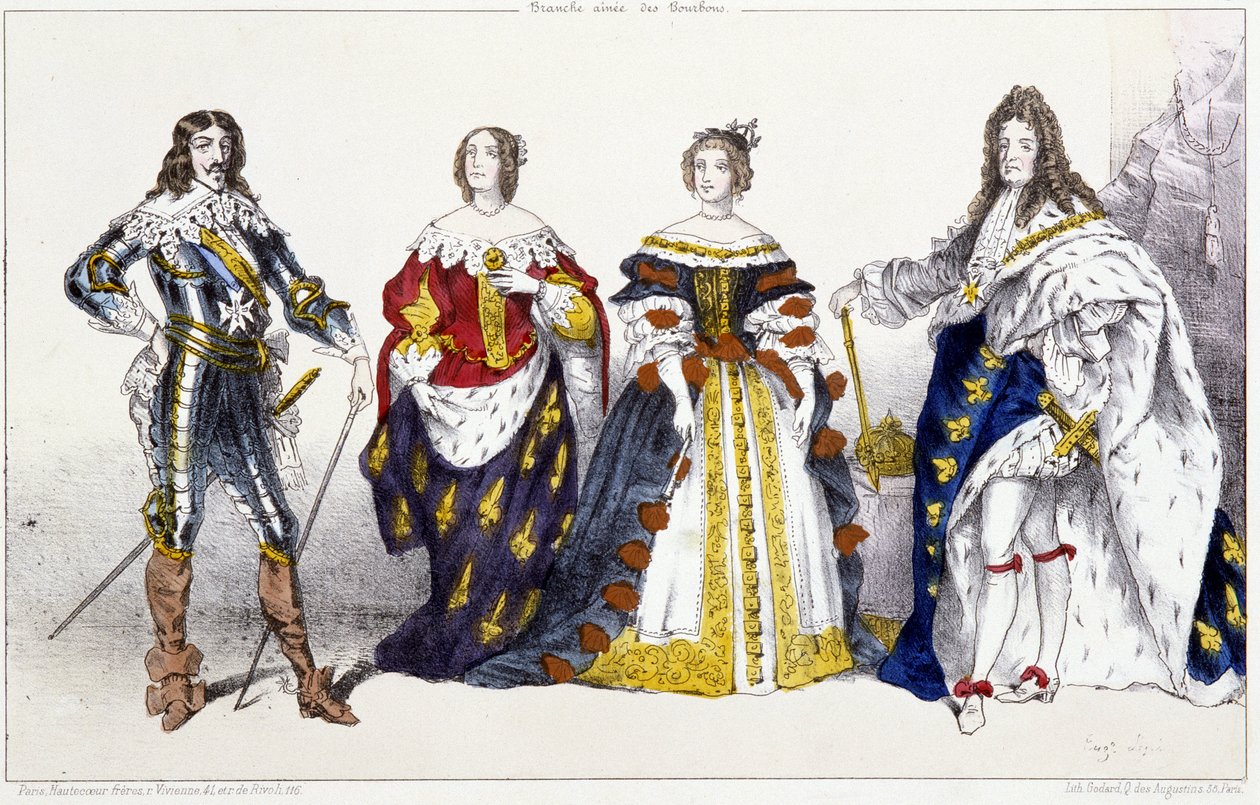De Bourbons: Lodewijk XIII (1601-1643) en Anna van Oostenrijk (1601-1666), Maria Theresia van Oostenrijk (of Spanje) (1638-1683) en Lodewijk XIV (1638-1715) - Plaat uit Koningen en Koninginnen van Frankrijk in prenten, Parijs, ed. Swift door Unknown artist