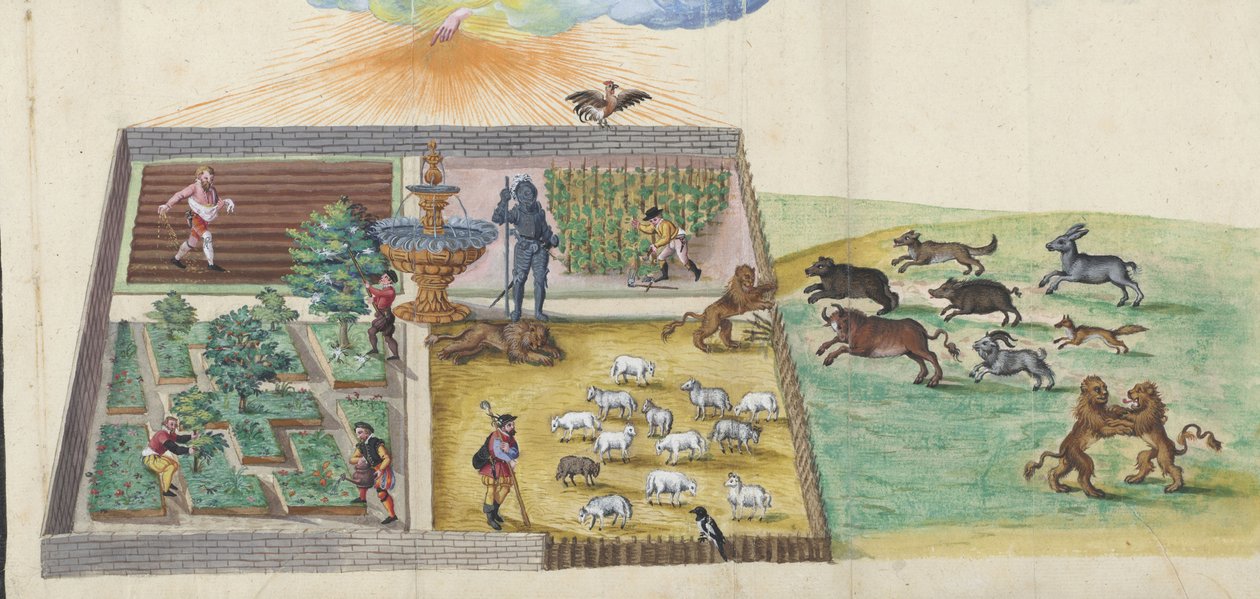 De uitbraak van de wilde Lutherse beesten in de wijngaard van de Heer. Uit "Thesaurus picturarum", Anoniem. Aquarel op papier door Unknown artist