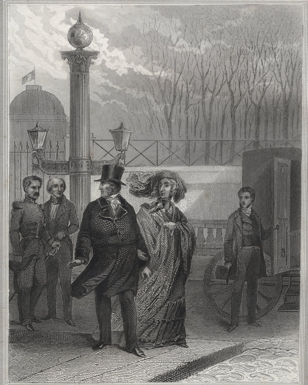 Louis Philippe en zijn familie buiten het Tuilerieënpaleis - Troonsafstand van Louis-Philippe I, 24 februari 1848 en oprichting van de Tweede Republiek - Revolutie van februari 1848. Het volk bestormde de Tuilerieën op 24 februari 1848 na de koning door Unknown artist