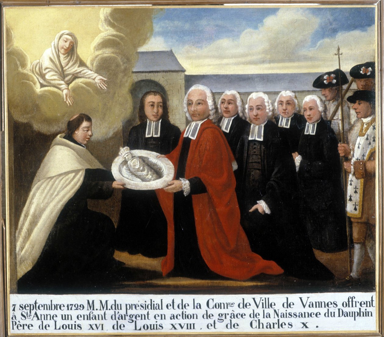 MM du Presidial en de Gemeente van Vannes bieden Sint-Anne een zilveren kind aan als dank voor de geboorte van de dolfijn Louis de France door Unknown artist