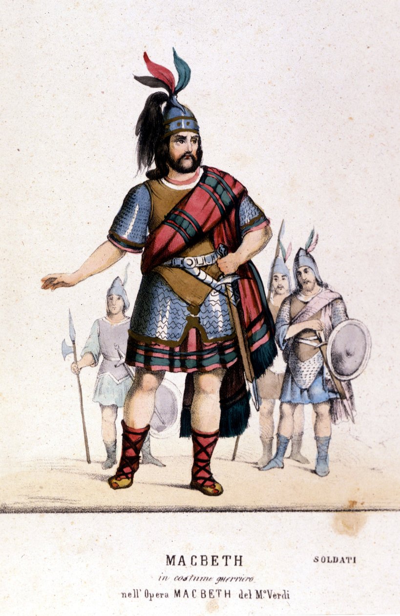 Macbeth personage in een krijgerskostuum in de gelijknamige opera door Giuseppe Verdi (1813 - 1901) naar het werk van William Shakespeare. 1847. Gravure. door Unknown artist