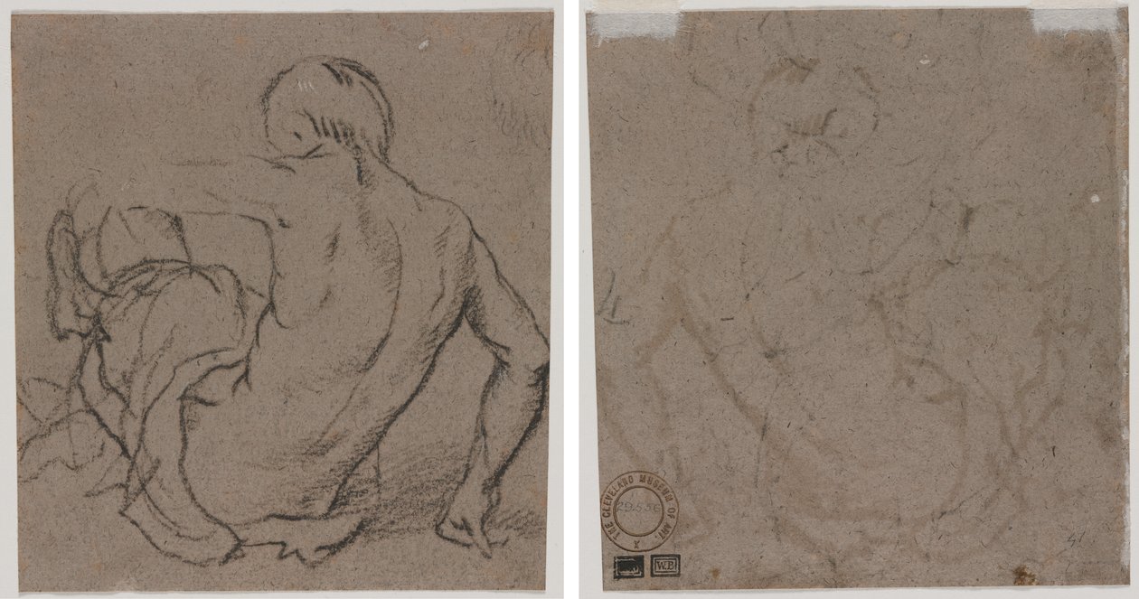 Man zittend op de grond, van achteren gezien (recto); Schets (verso) door Unknown artist