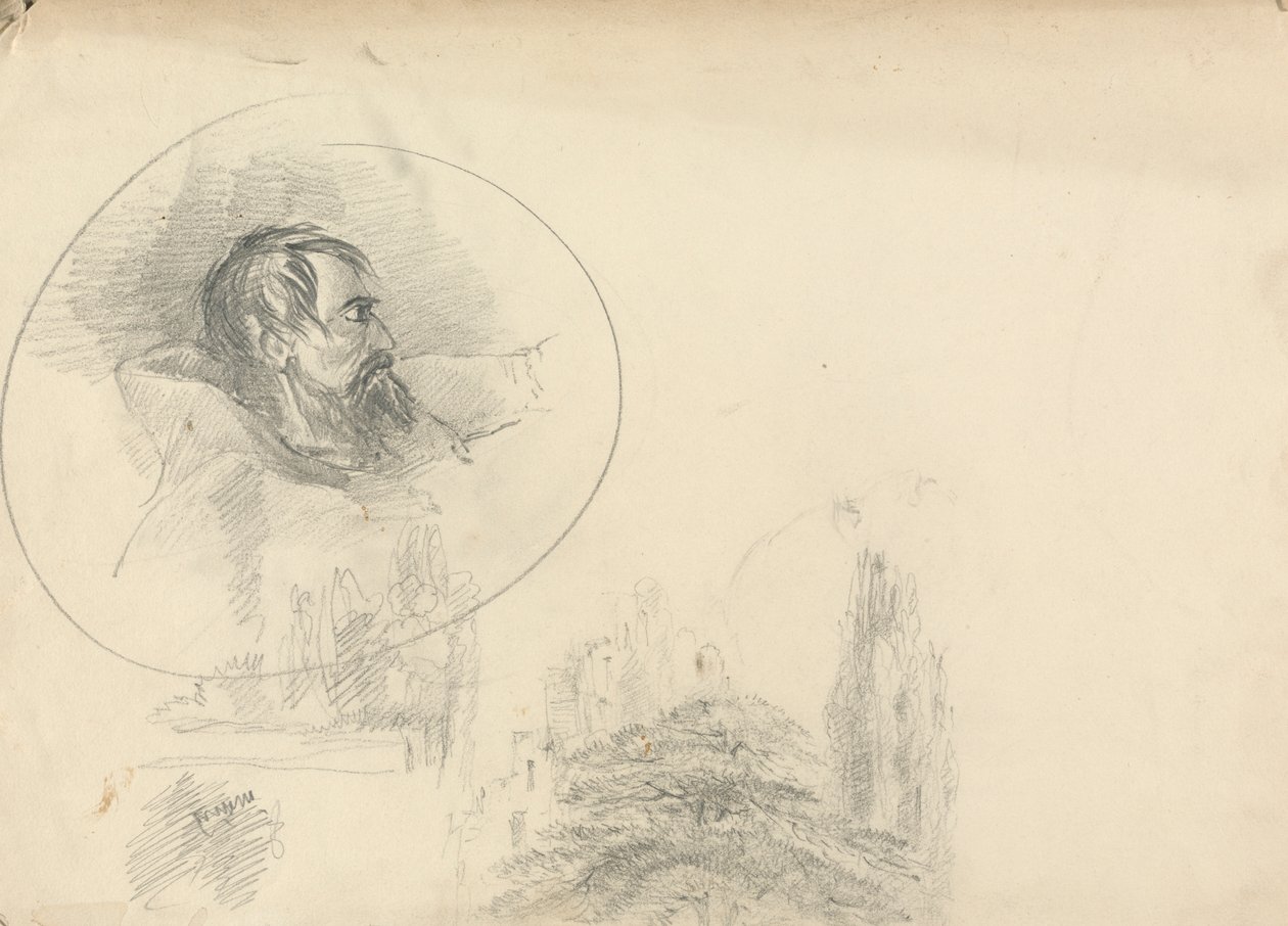 Man met kap en landschap door Unknown artist