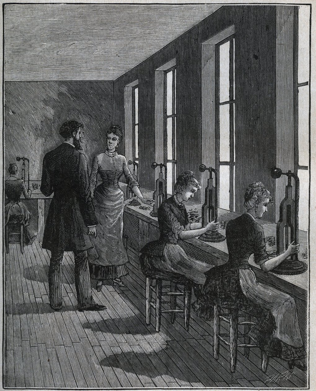 Fabricage van metalen veren: uitsnijwerkplaats in Frankrijk in de 19e eeuw. Gravure uit 1885 in 