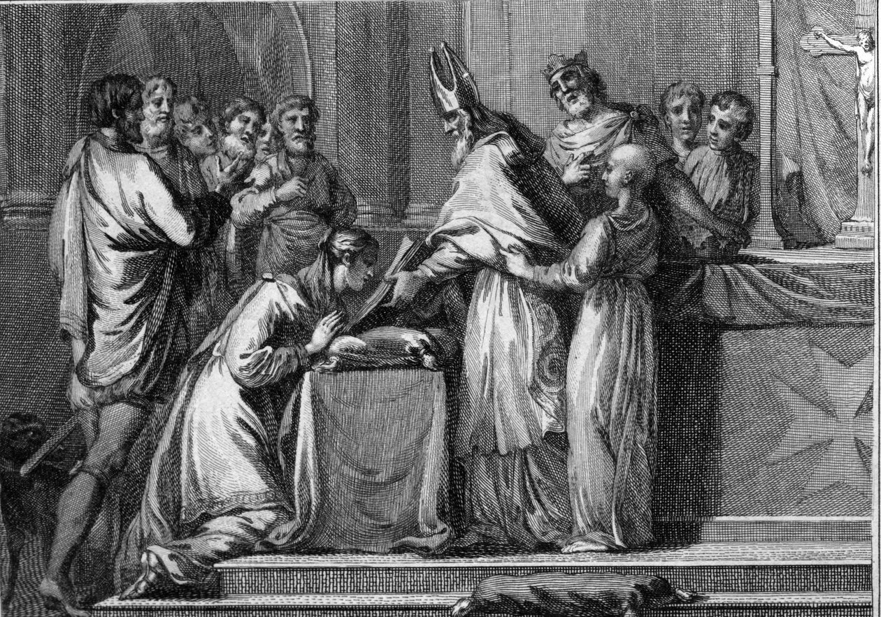 Huwelijk van Sigebert I (535-575), koning van Austrasië en Brunehaut (of Brunehilde, 543-613), 566. Gravure uit de 18e eeuw door Unknown artist