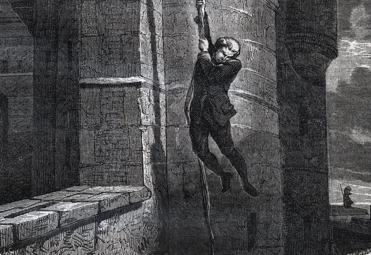 Masers De Latude ontsnapt uit de Bastille - Ontsnapping uit de Bastille door Jean Henry, genaamd Danry, genaamd Masers de Latude (1725-1805) - gravure in 