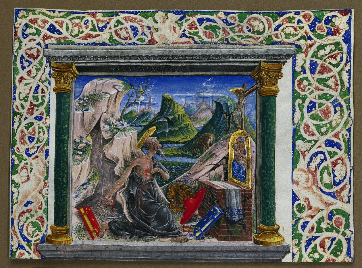 Miniatuur uit een manuscript: Hiëronymus in de woestijn door Unknown artist