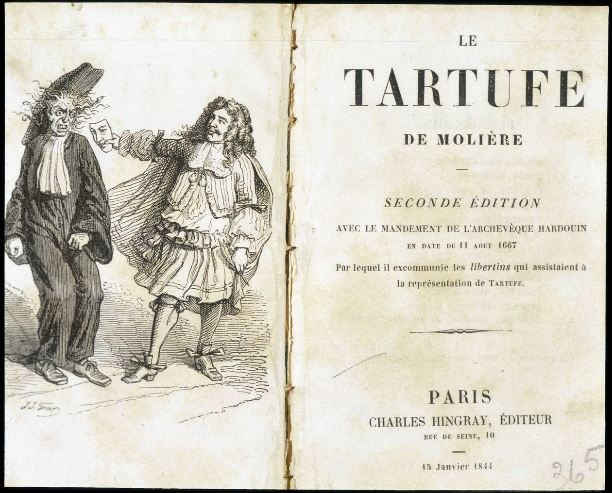 Molière die een geestelijke bang maakt met een theatermasker - Frontispice van “Tartuffe” (Tartufe) van Molière, ed. Hingray, Parijs door Unknown artist