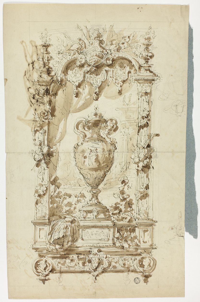 Monumentale vaas in ornamentlijst (recto); schets van staande man met parasol en papegaai, en architectuurstudies (verso) door Unknown artist
