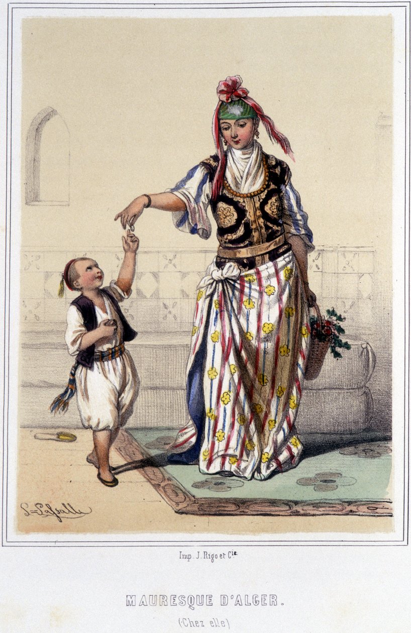 Moorse vrouw vergezeld door een kind thuis in Algiers in de tweede helft van de 19e eeuw door Unknown artist