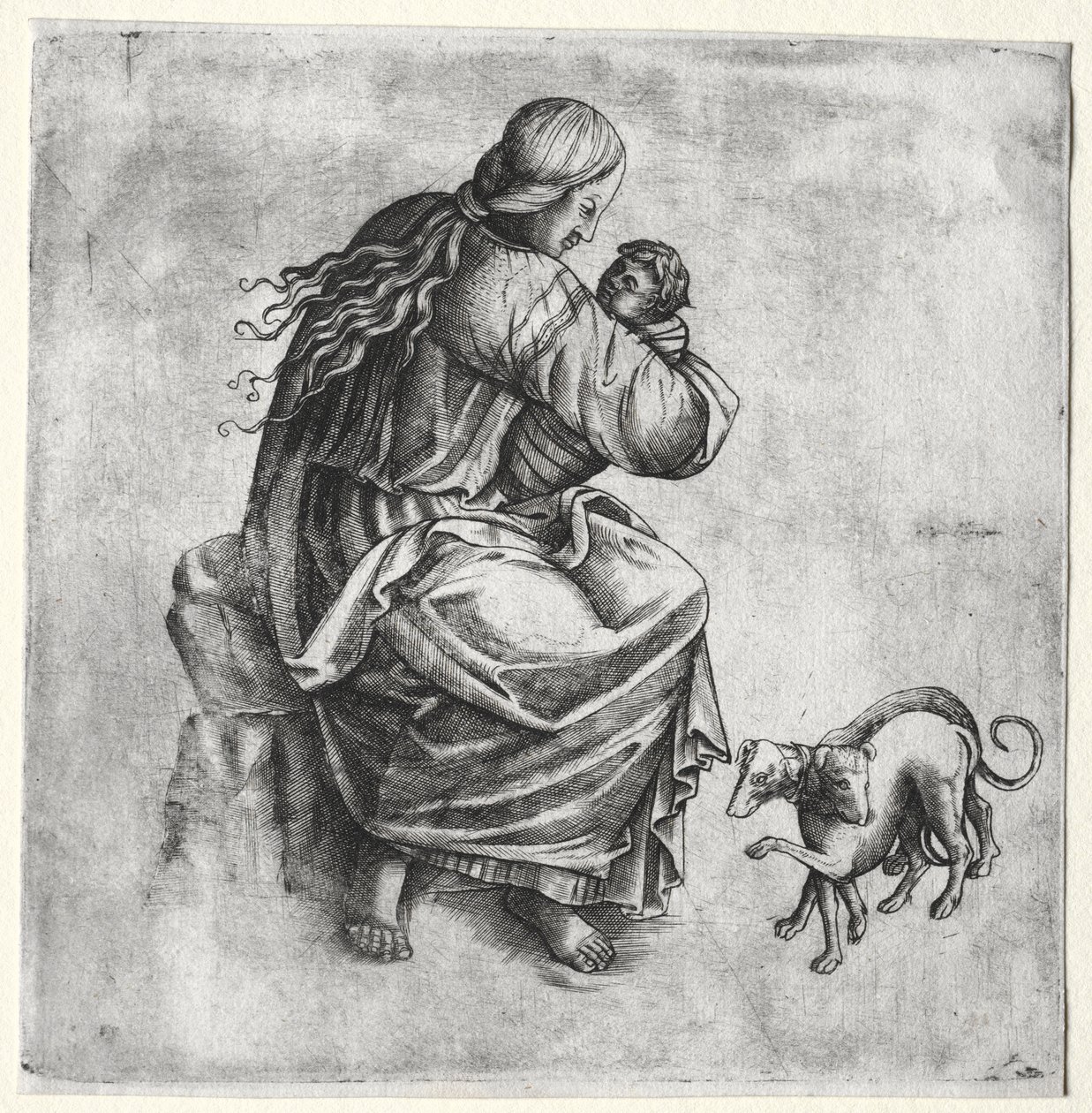 Moeder en Kind met Twee Honden door Unknown artist