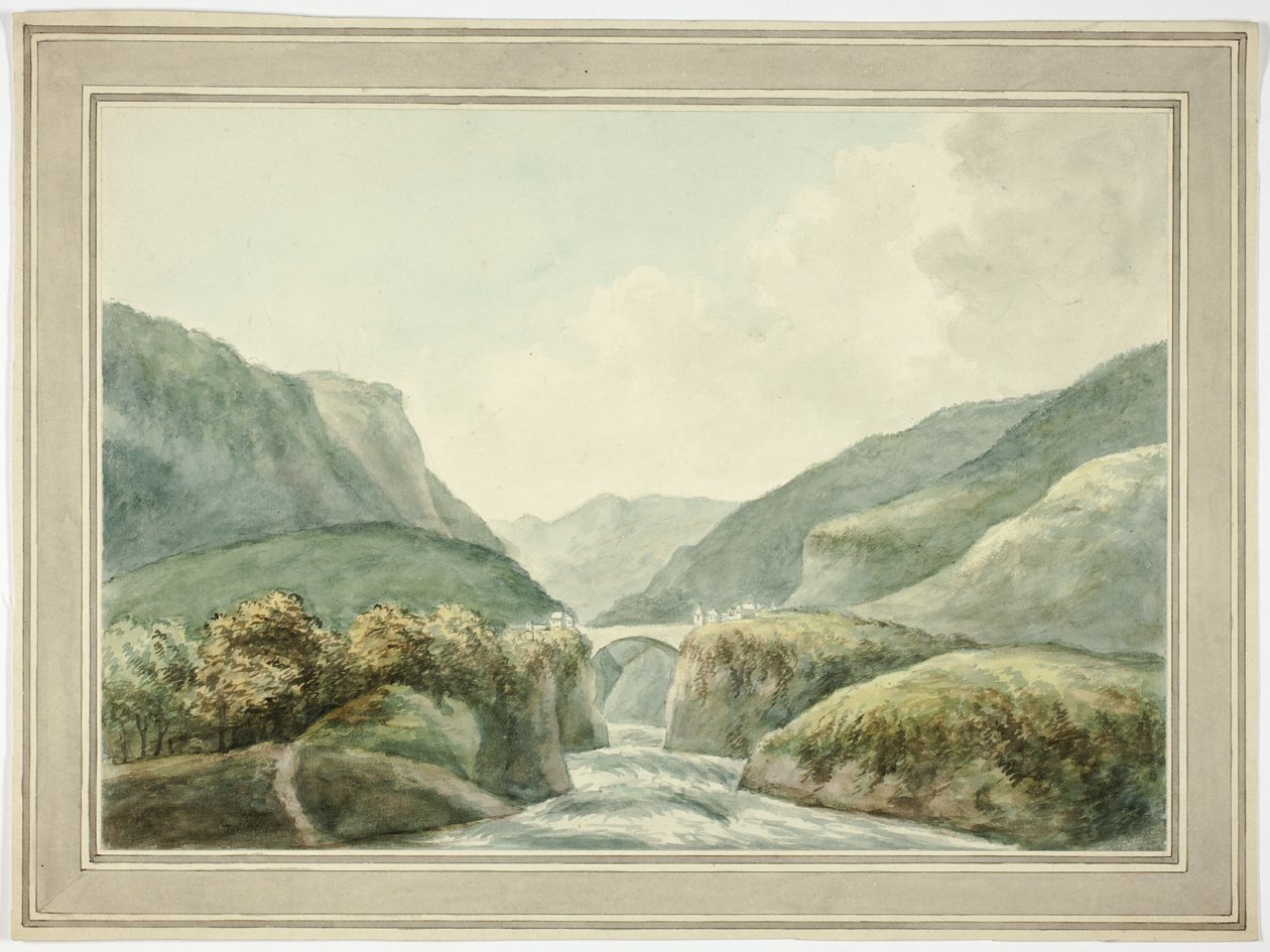 Bergstadje bij brug die stroomversnellingen overbrugt door Unknown artist