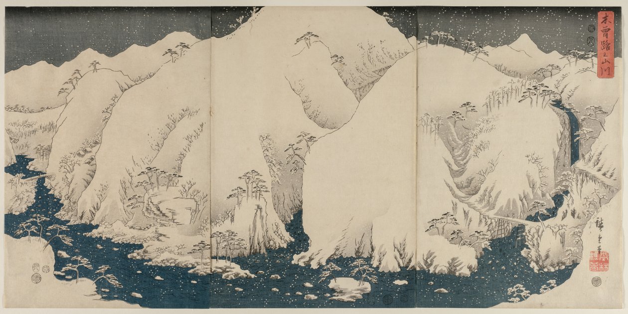 Berg en rivier op de Kiso-weg door Unknown artist