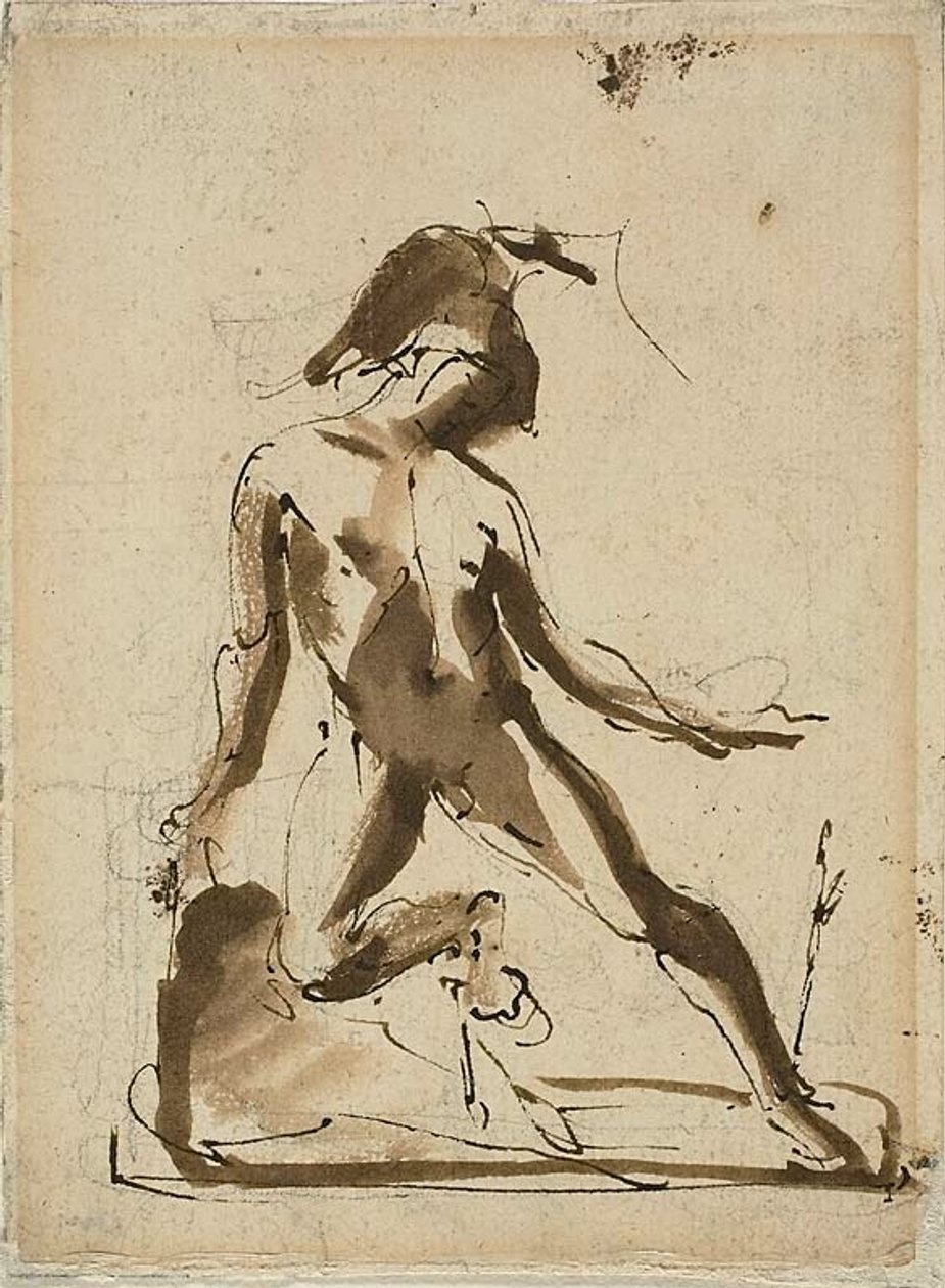 Mythologische figuur: Achilles met leeuwenhuid (recto); Schetsen van figuren (verso) door Unknown artist