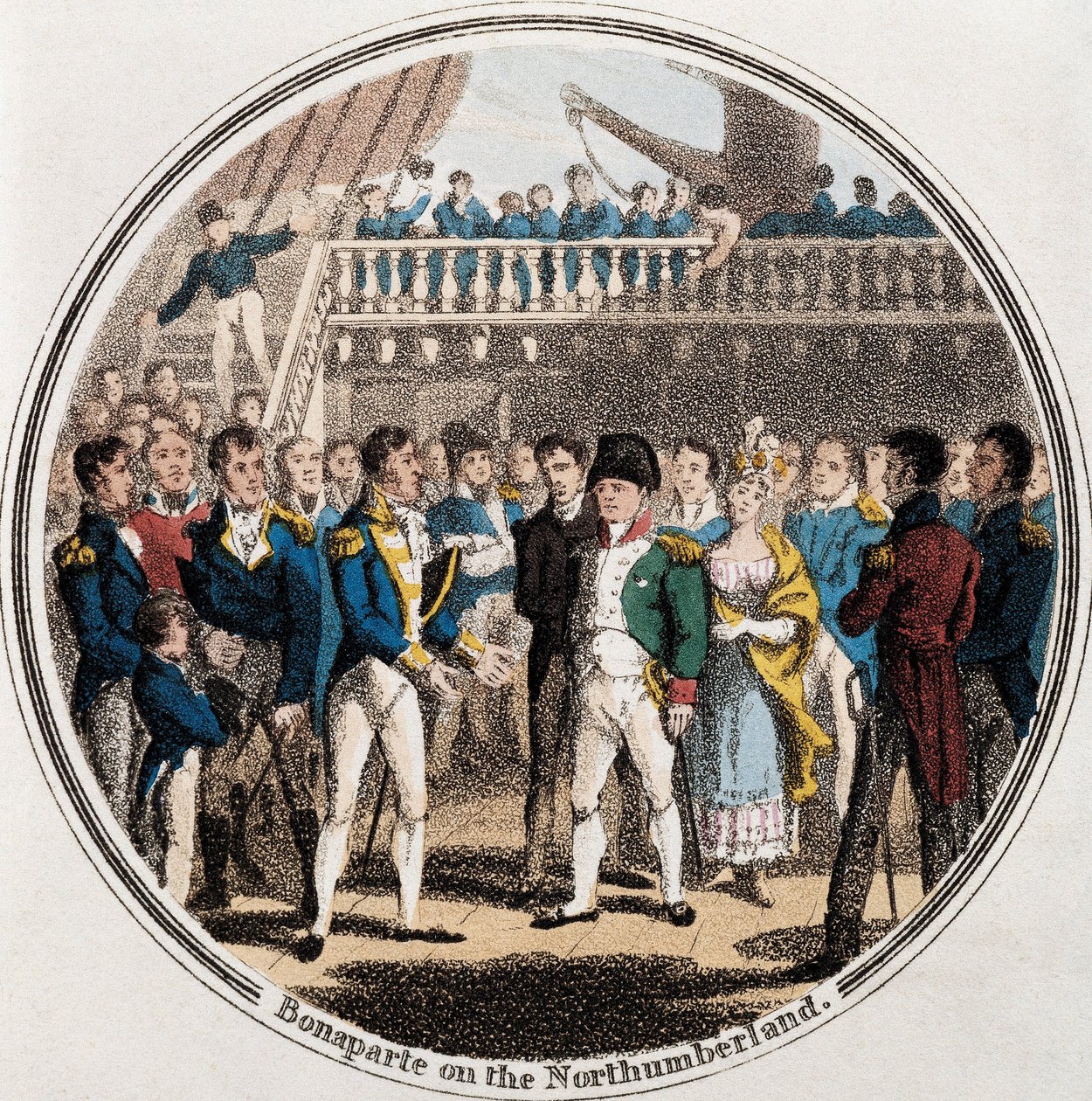 Napoleon Bonaparte en de Engelse admiraal George Cockburn op Northumberland vergezeld door Madame Bertrand door Unknown artist
