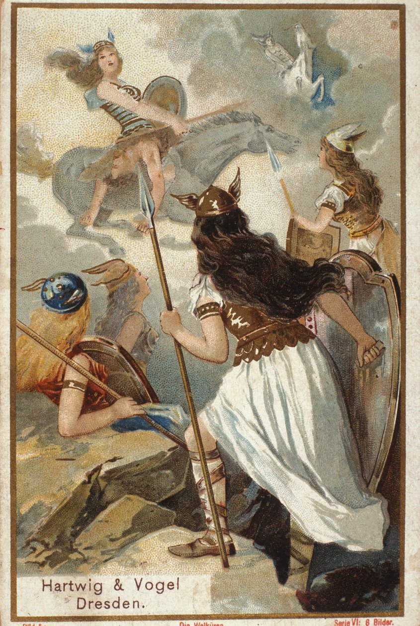 Noordse mythologie: De Walkuren (krijgsmaagden) in Valhalla en de val van krijgers in de strijd. Chromolithografie uit de 19e eeuw door Unknown artist
