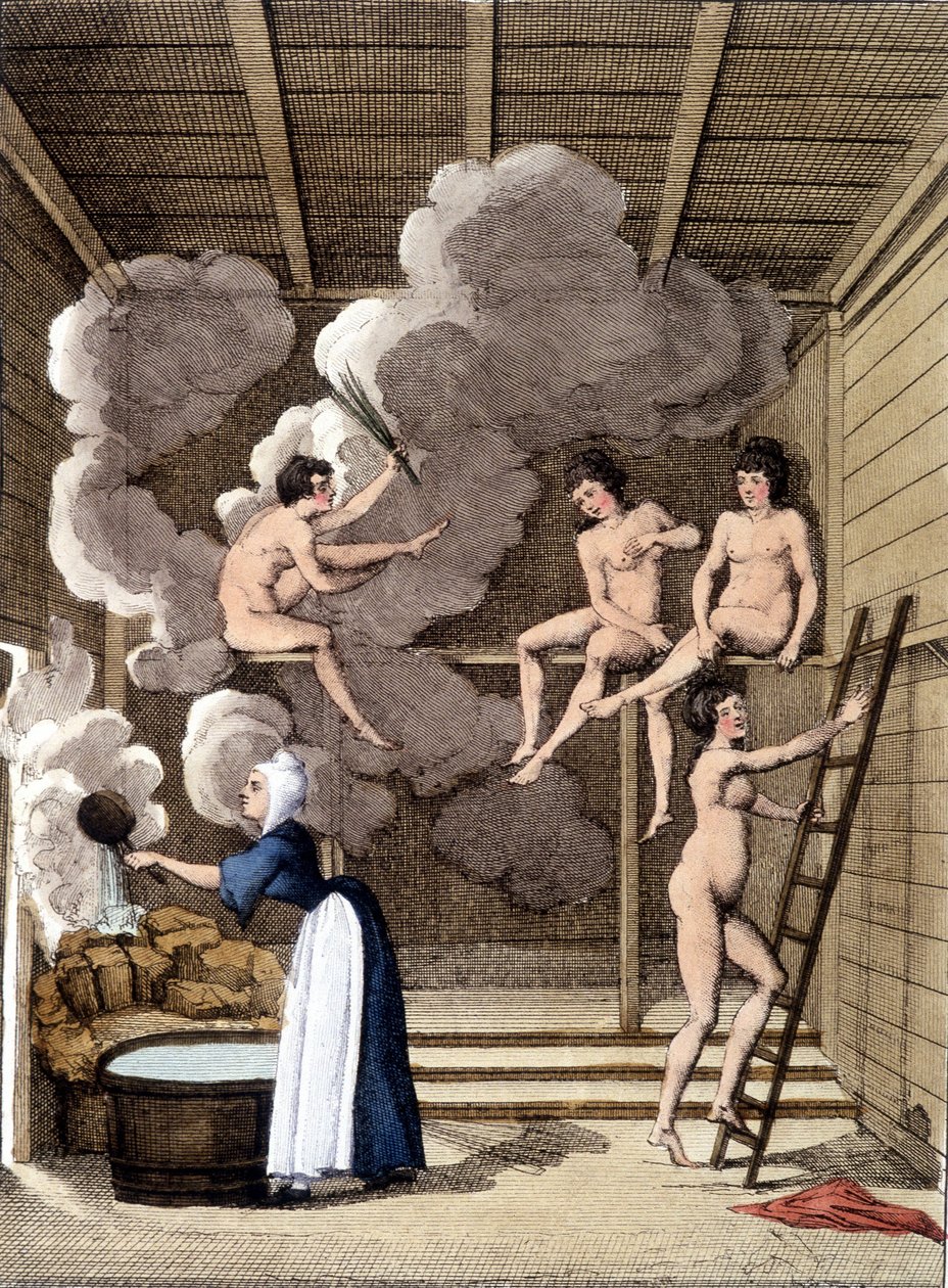 Naakte personages in een Finse sauna. Gravure uit 1811 bevat een boek over de reis. door Unknown artist