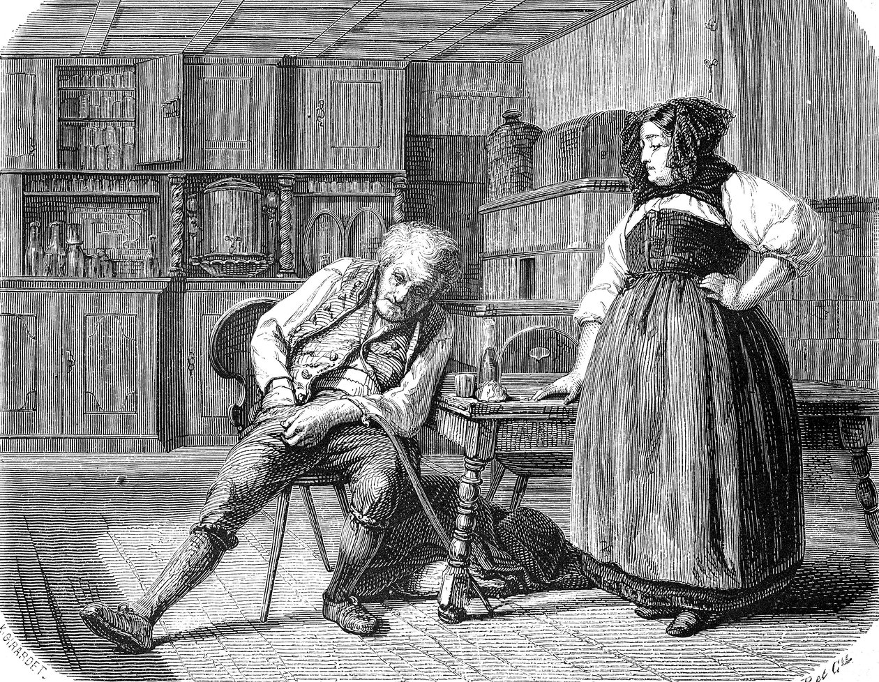 Oude man in een herberg in Frankrijk, op zoek naar geld in zijn zak om zijn rekening te betalen door Unknown artist