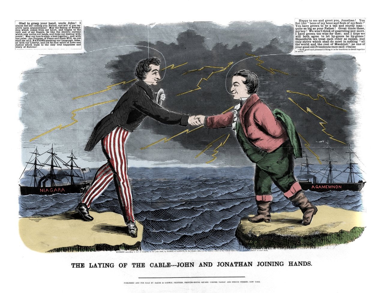 Op 17/08/1858 werd het eerste trans-Atlantische bericht uitgewisseld: twee allegorische figuren die John (Engeland) en Jonathan (Verenigde Staten) vertegenwoordigen, feliciteren elkaar met het succes van de onderzeese kabelverbinding tussen Europa en de Ni door Unknown artist