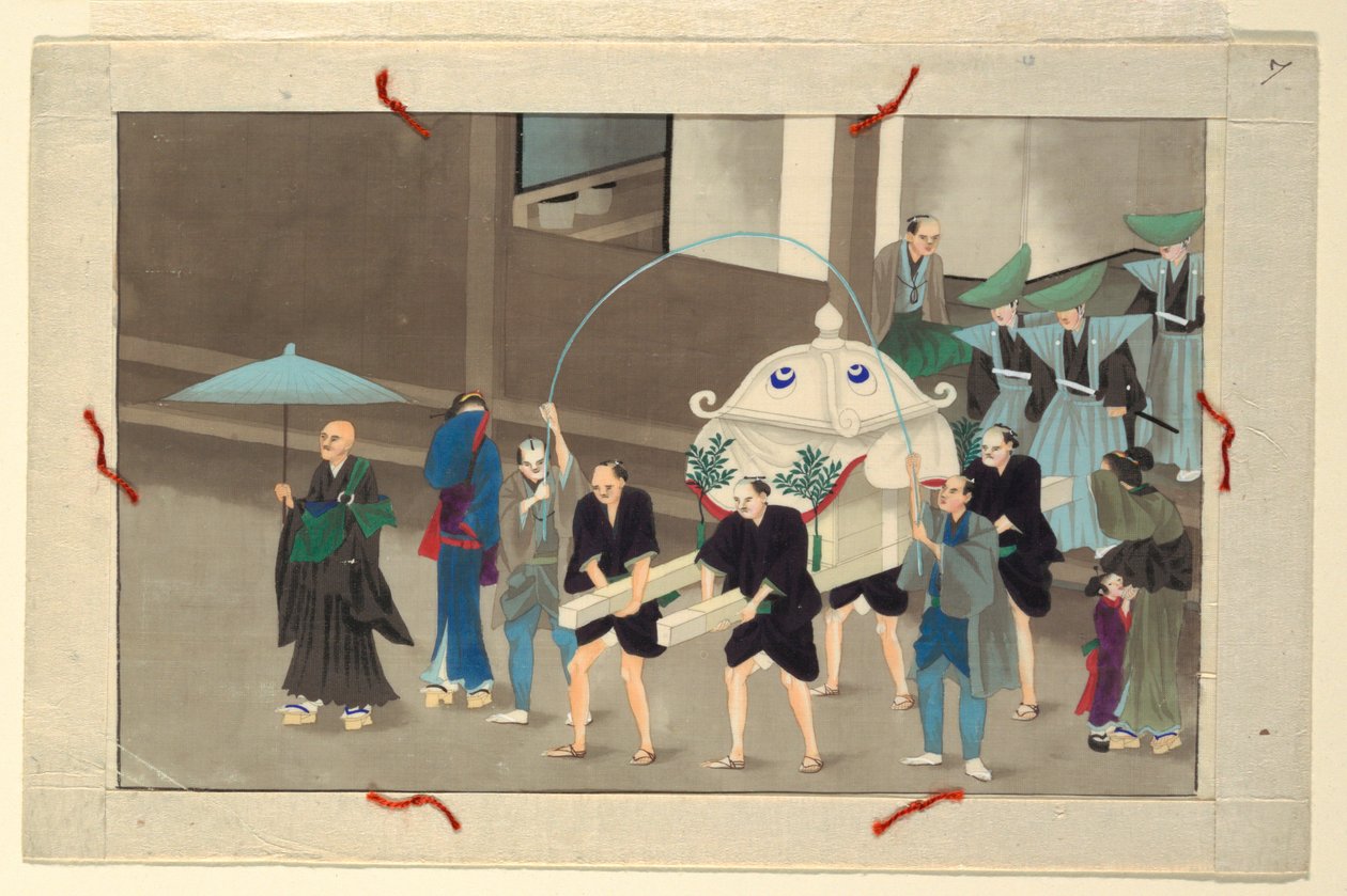 Een van zestien scènes van de dood en begrafenis van een man door Unknown artist