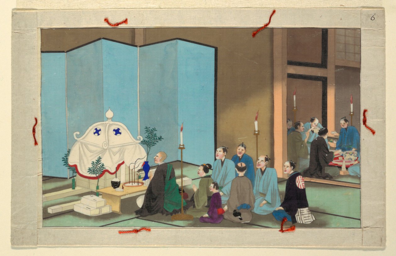 Een van de zestien scènes van de dood en begrafenis van een man door Unknown artist