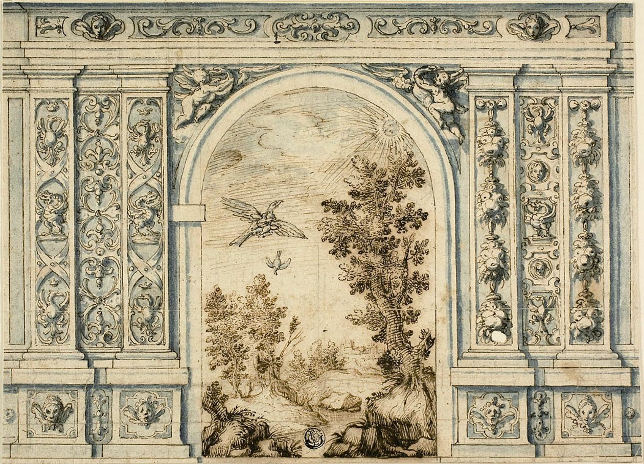Siermuur met landschap door Unknown artist