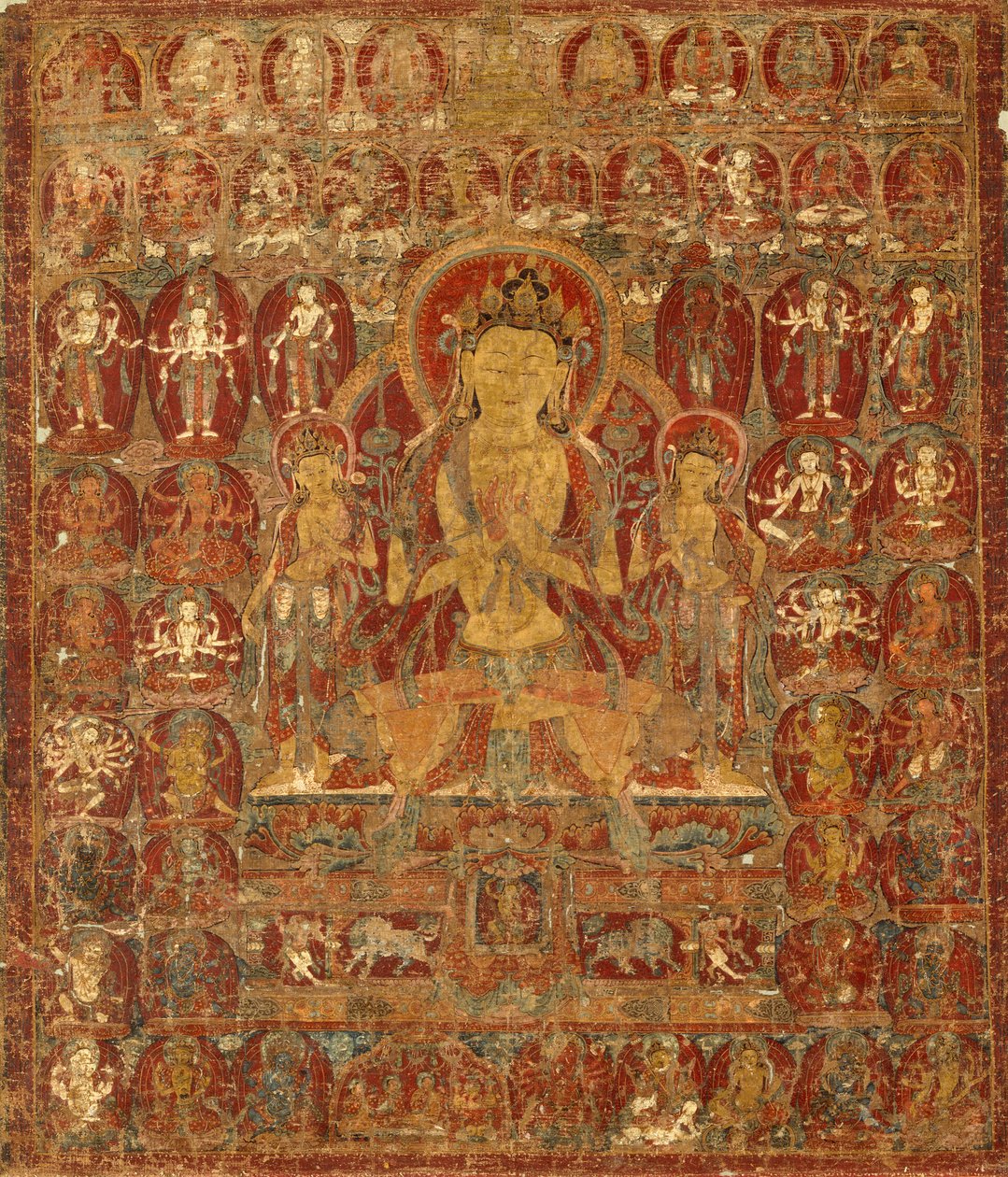 Geschilderde banier (Thangka) van Bodhisattva Manjushri met Vajrapani (rechts) en Padmapani (links) door Unknown artist