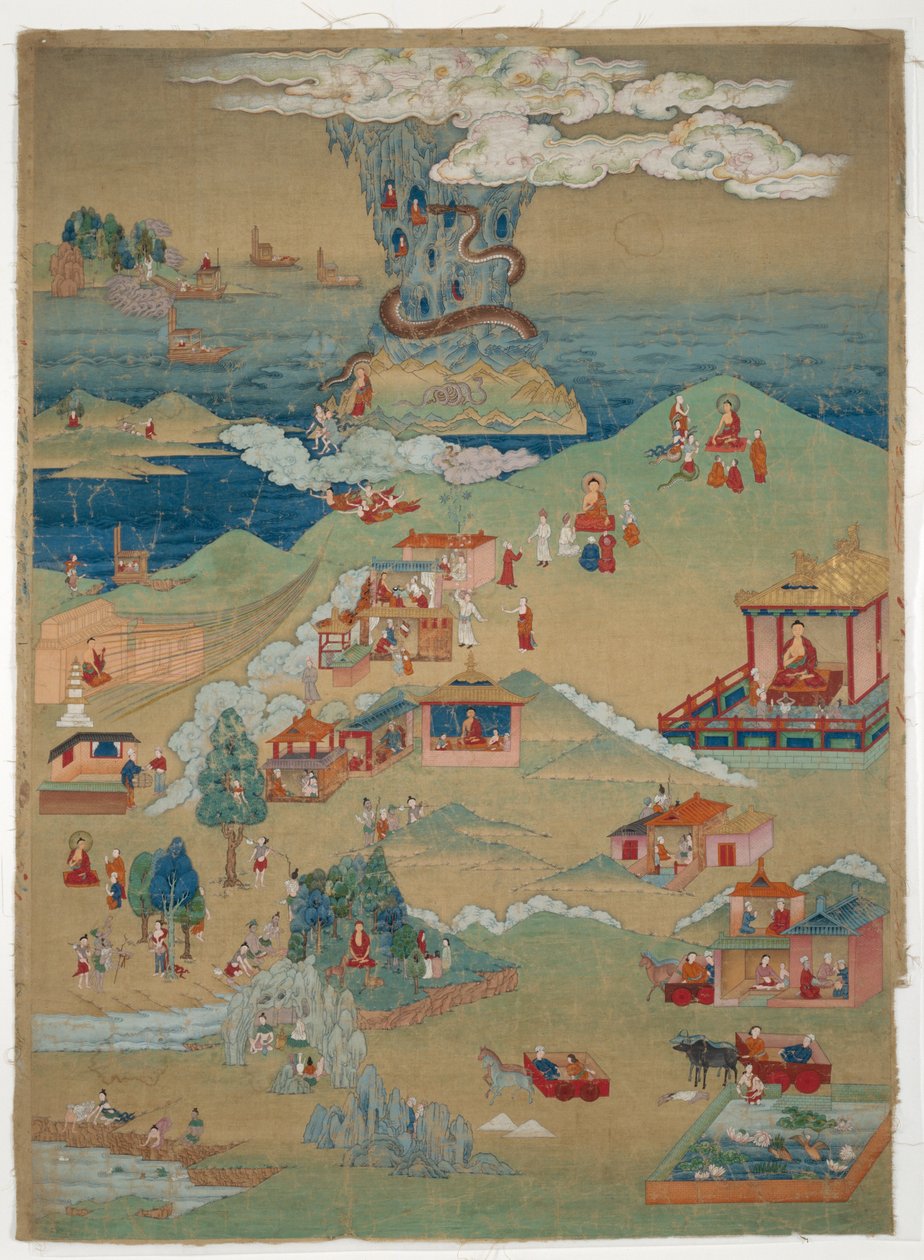 Geschilderde banier (Thangka) van vijf morele verhalen uit de Avadana Kalpalata Jataka door Unknown artist