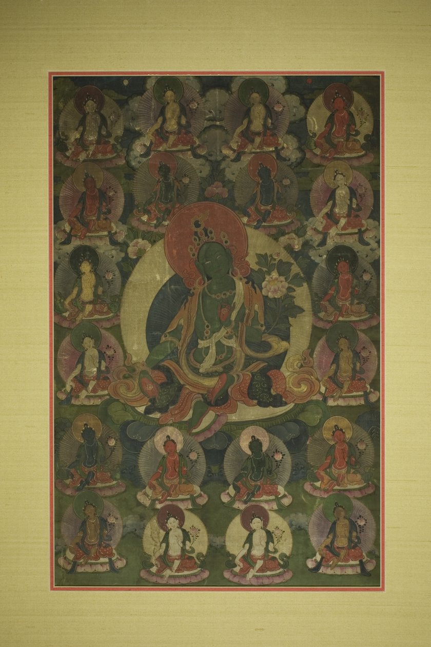 Geschilderde banier (Thangka) van Groene Tara omringd door twintig manifestaties door Unknown artist