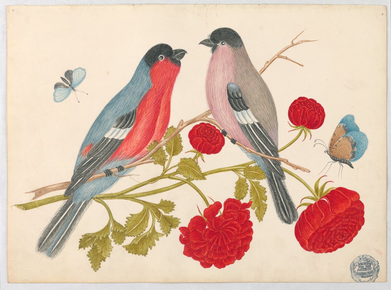 Paar Vogels op Tak met Rozen en Vlinders door Unknown artist