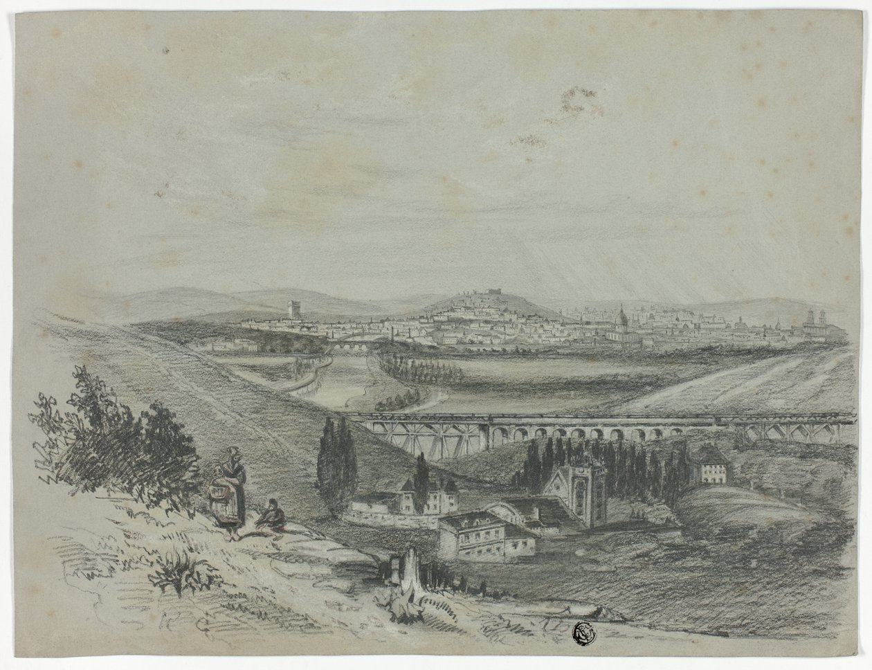 Panoramisch uitzicht op een spoorbrug en de stad door Unknown artist