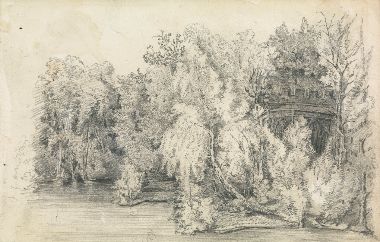 Deel van een Gebouw Omringd door een Bos door Unknown artist