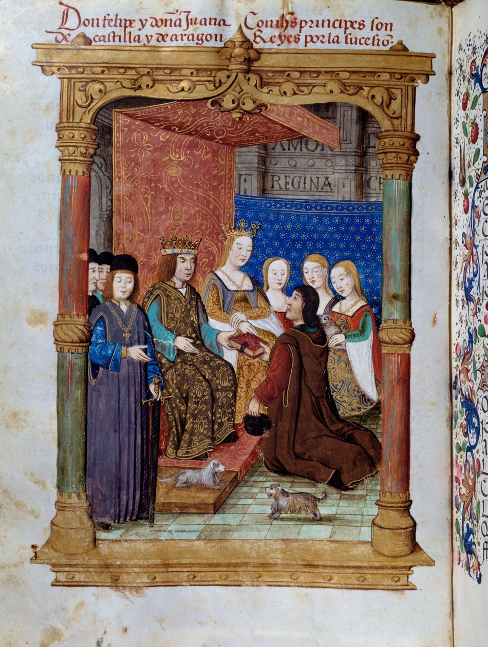 Pedro Marcuello presenteert zijn boek aan koning Filips I van Habsburg en koningin Johanna I van Castilië door Unknown artist
