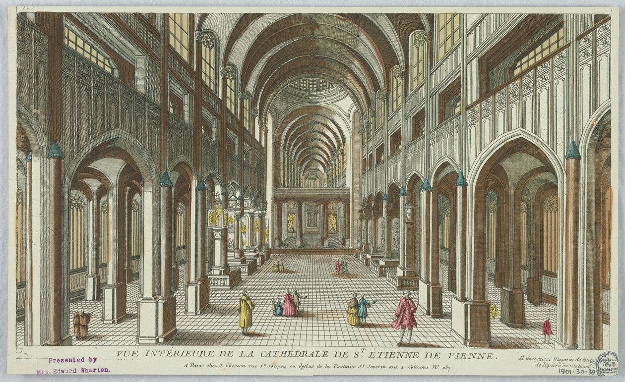 Kijkdoos, Binnenaanzicht van de kathedraal van St. Etienne de Vienne; Chereau - Il Tient Aussi Magazin de Toutes Sortes de Papiers en Rouleaux door Unknown artist
