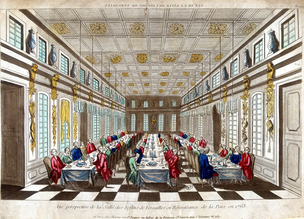 Perspectiefweergave van de Salle des Festins de Versailles ter viering van de vrede in 1763 tussen Groot-Brittannië, Frankrijk en Spanje. door Unknown artist