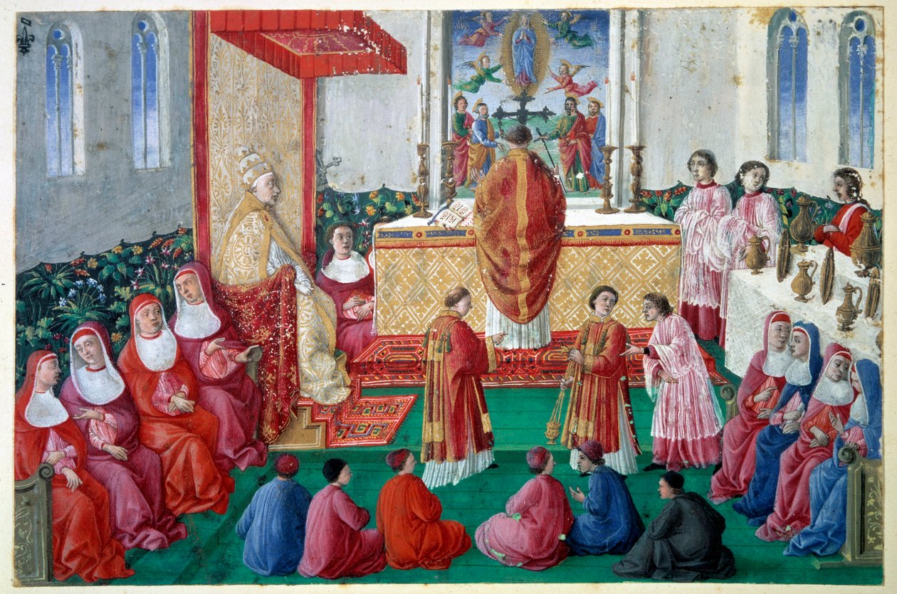 Paus Sixtus IV woont de Mis bij in de Sixtijnse Kapel in het Vaticaan door Unknown artist