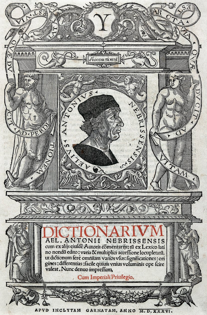 Portret van Antonio Martinez de Cala genaamd Antonio de Nebrija (1441-1522) Spaanse humanist en grammaticus. Bewaarde pagina van zijn woordenboek, gepubliceerd in 1536. Nationale Bibliotheek van Madrid. door Unknown artist