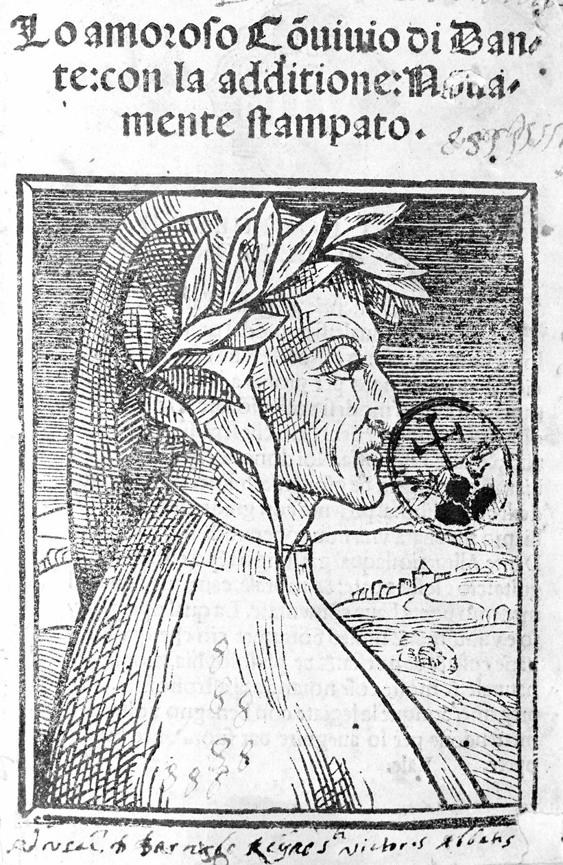 Portret van Dante Alighieri (1265 - 1321), Italiaanse dichter. Frontispice van 