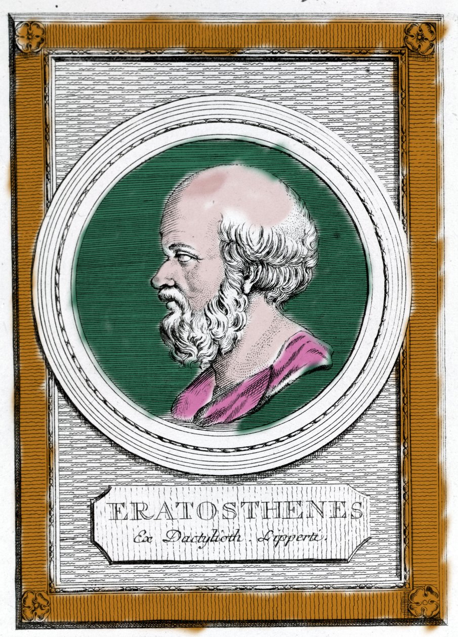 Portret van Eratosthenes van Cyrene (ca. 284 v.Chr. - 194 v.Chr.), Griekse wetenschapper, geograaf en dichter. Hij was directeur van de bibliotheek van Alexandrië en berekende de omtrek van de aarde. Portret uit de 